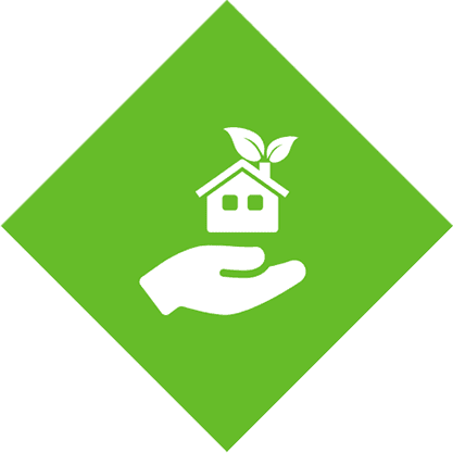 Grüne Kachel zeigt ein nachhaltiges Haus auf einer geöffneten Hand